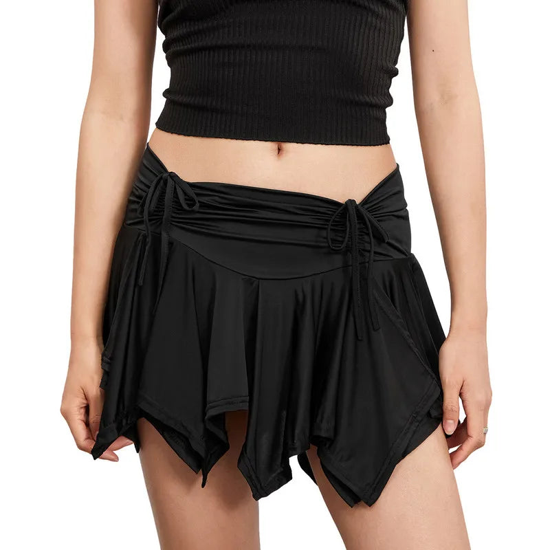 Women Gothic Irregular Solid Color Drawstring TieUp Ruched Ruffles Mini Summer Skirt