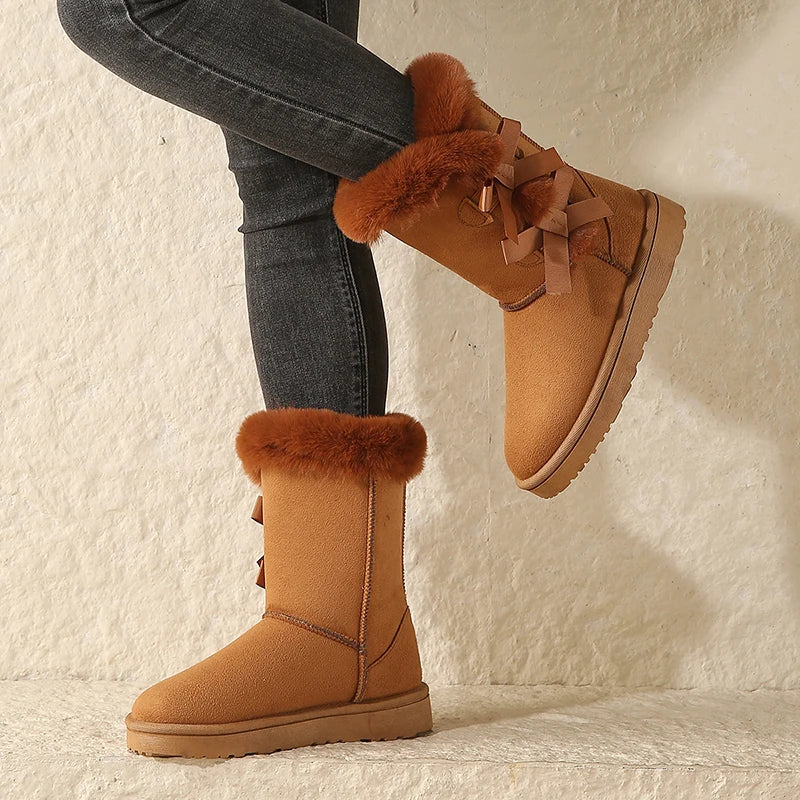 Waterproof Trend Bow Warm MidCalf Thicked Plush NonSlip Snow Boot