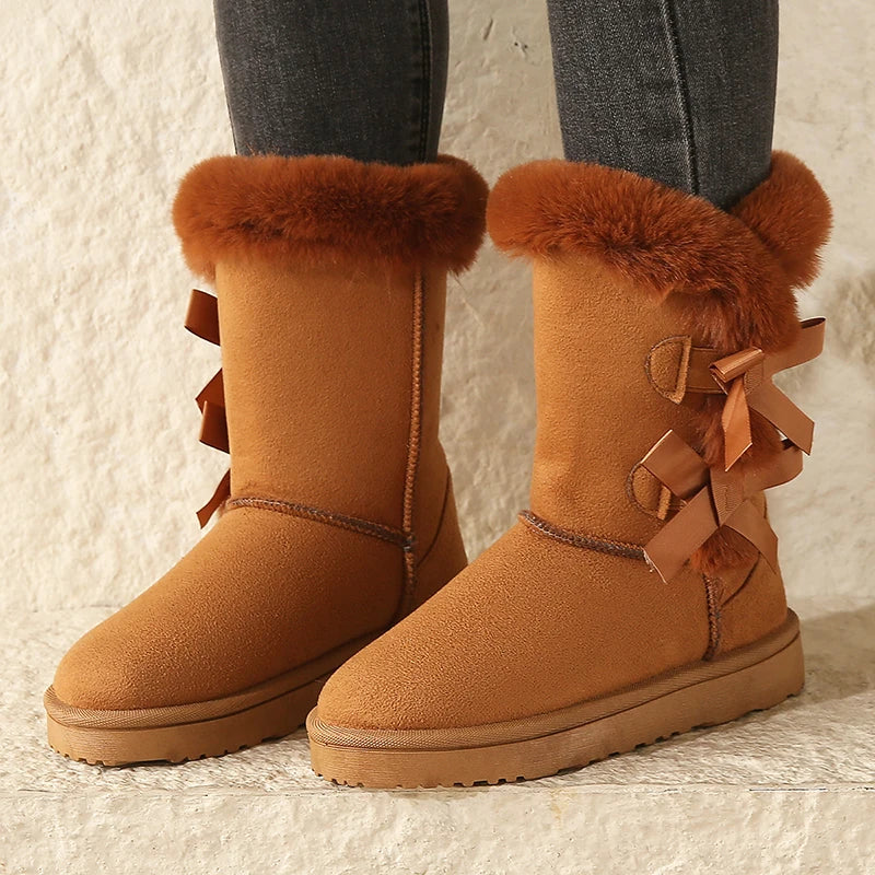Waterproof Trend Bow Warm MidCalf Thicked Plush NonSlip Snow Boot