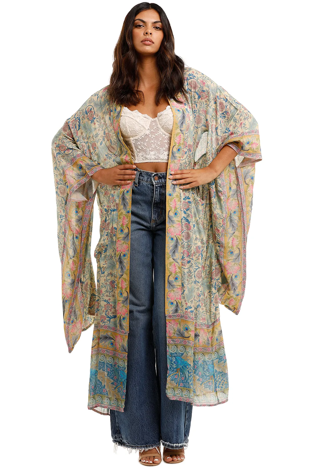 Green Floral Peacock Print Belted Boho Long Kimono Robe 3