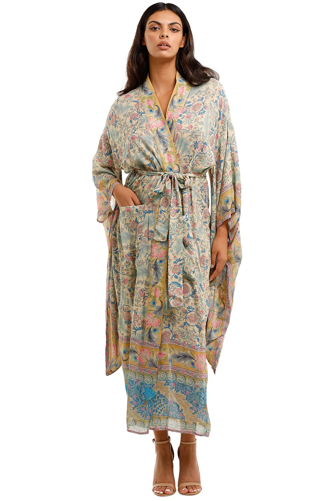 Green Floral Peacock Print Belted Boho Long Kimono Robe 4