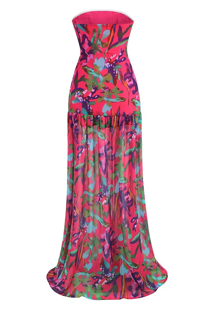 Isis Elevated Strapless Maxi Dress with Slit and Print Statement Occasion Edit