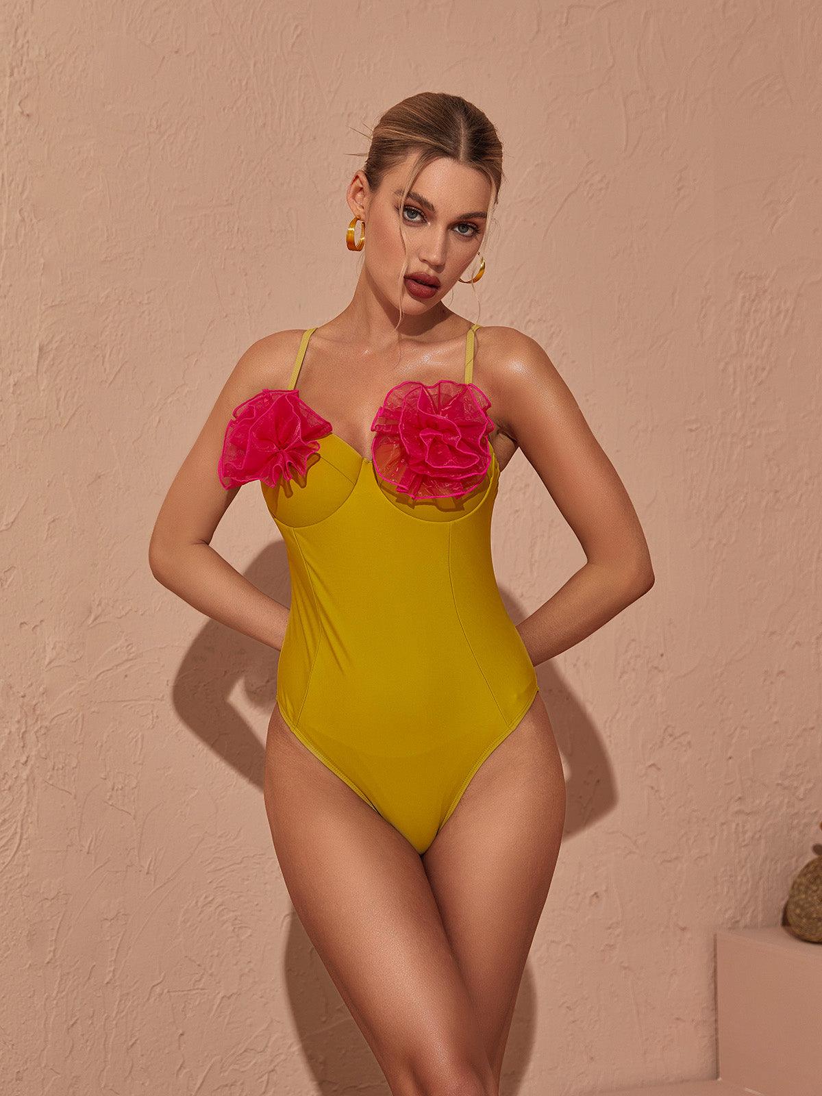Flower One Piece Swimsuit In Yellow