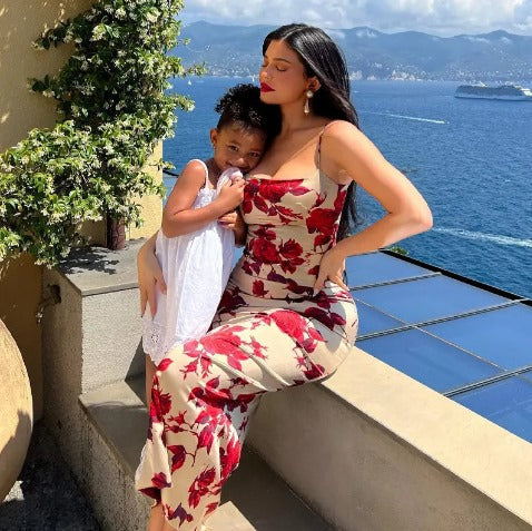 Alana Elevated Long Bodycon Dress with Rose Print Premium Wardrobe Essential
