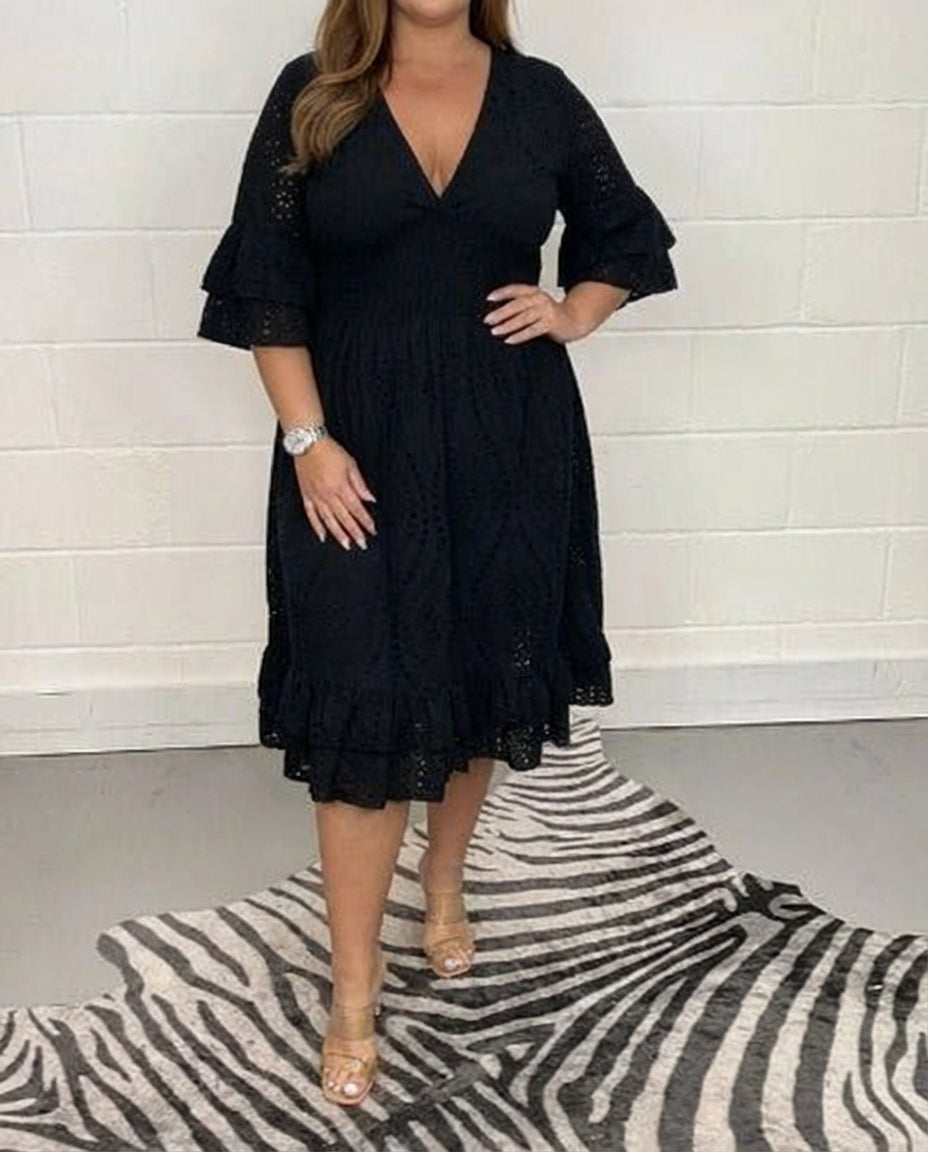 V-Neck Eyelet Lace Flare Sleeve Smocked A-Line Midi Dress 4
