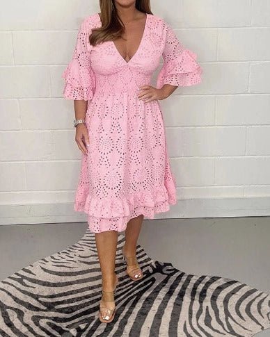 V-Neck Eyelet Lace Flare Sleeve Smocked A-Line Midi Dress 3
