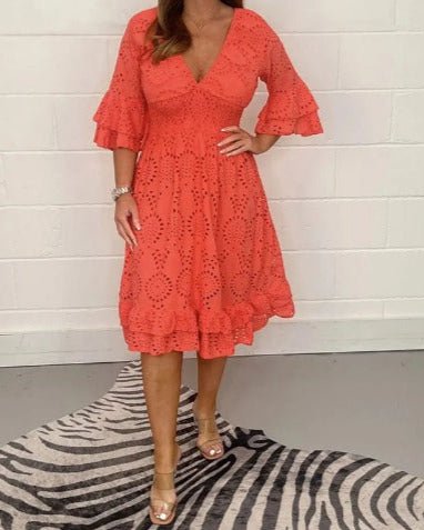 V-Neck Eyelet Lace Flare Sleeve Smocked A-Line Midi Dress