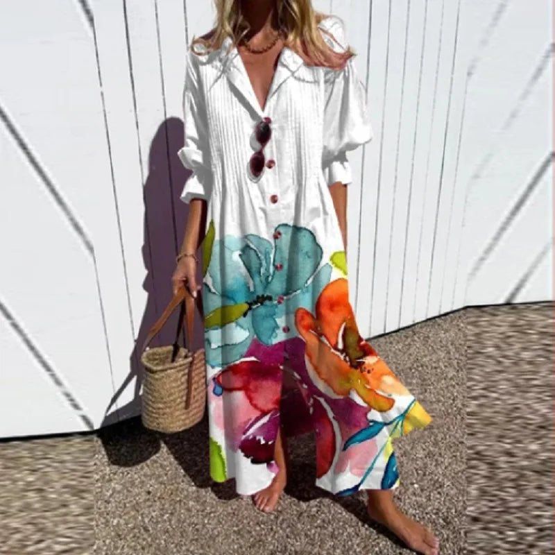 V-Neck Long Sleeve Watercolor Floral Tiered Boho Maxi Dress