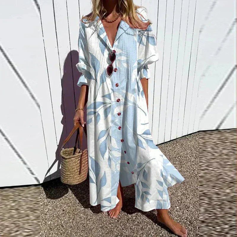 V-Neck Long Sleeve Watercolor Floral Tiered Boho Maxi Dress
