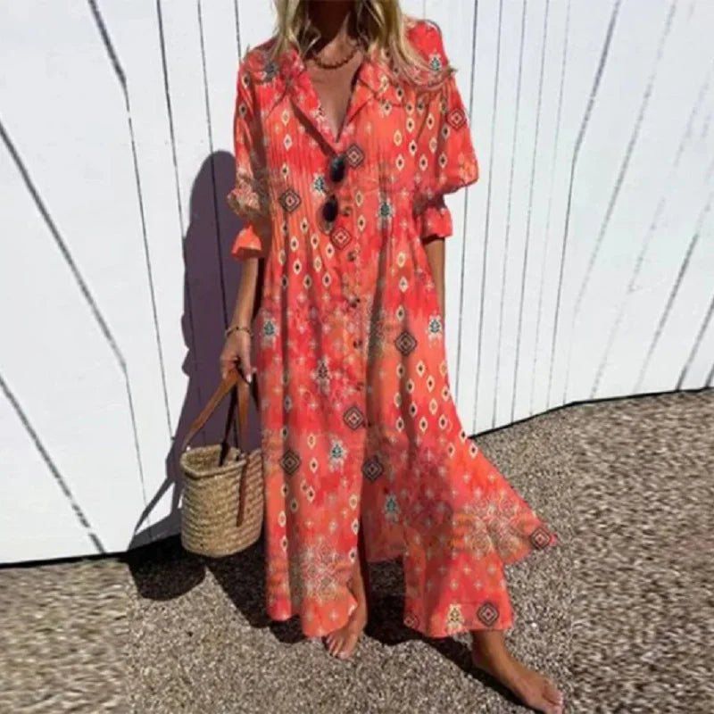 V-Neck Long Sleeve Watercolor Floral Tiered Boho Maxi Dress