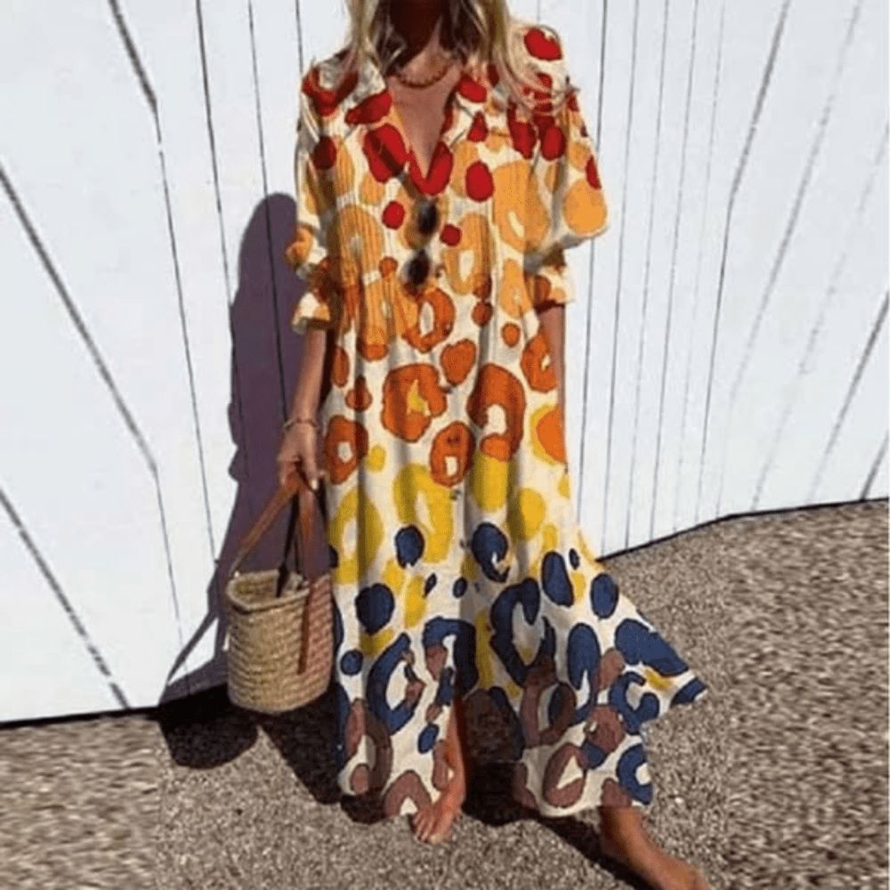 V-Neck Long Sleeve Watercolor Floral Tiered Boho Maxi Dress