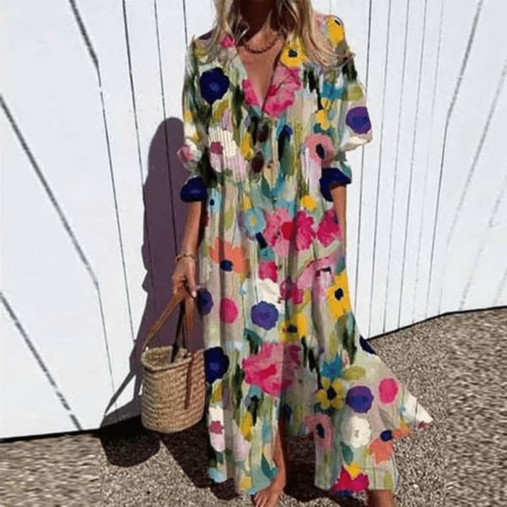 V-Neck Floral Print Long Sleeve Button-Front Flowy Maxi Dress