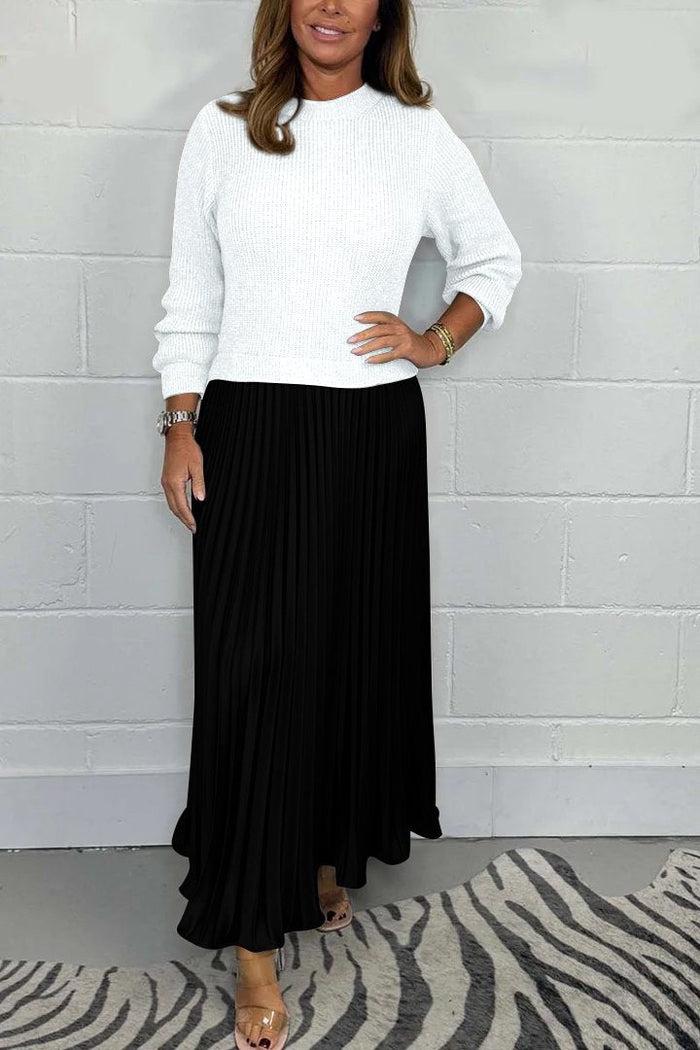 Round Neck Knit Sweater Pleated Satin Maxi Skirt Set