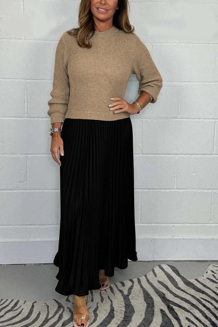 Round Neck Knit Sweater Pleated Satin Maxi Skirt Set