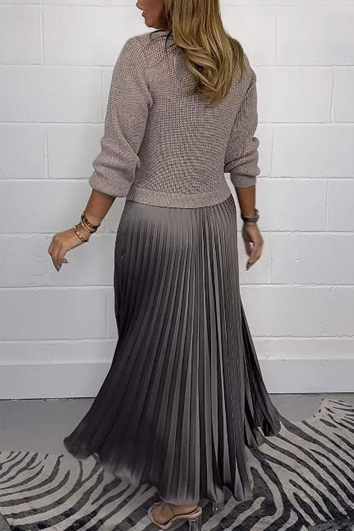 Round Neck Knit Sweater Pleated Satin Maxi Skirt Set