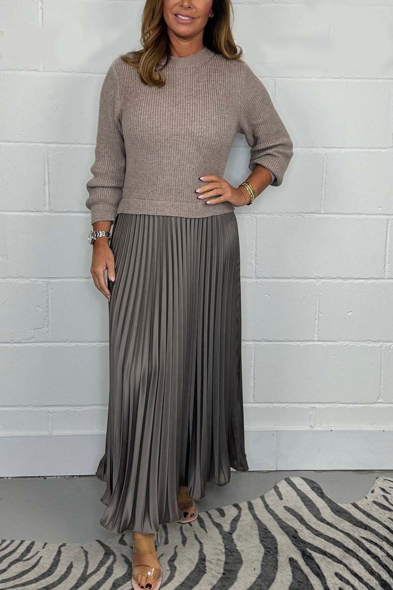 Crew Neck Knit Sweater And Pleated Satin Maxi Skirt Set