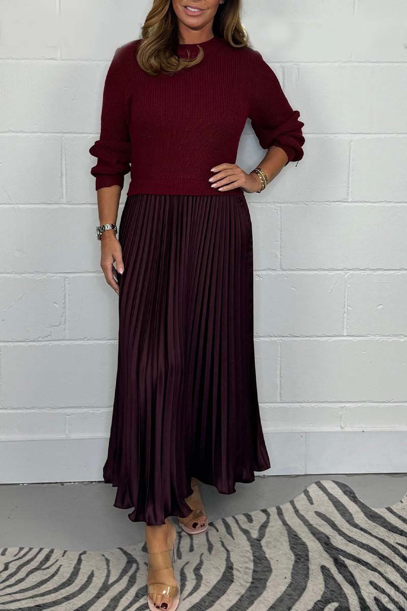 Crew Neck Knit Sweater Pleated Satin Maxi Skirt Set