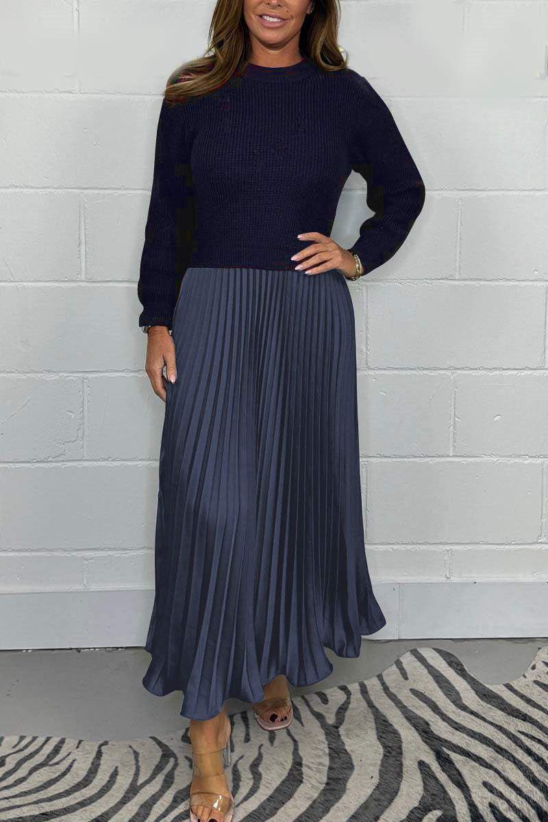 Crew Neck Knit Sweater Pleated Satin Maxi Skirt Set