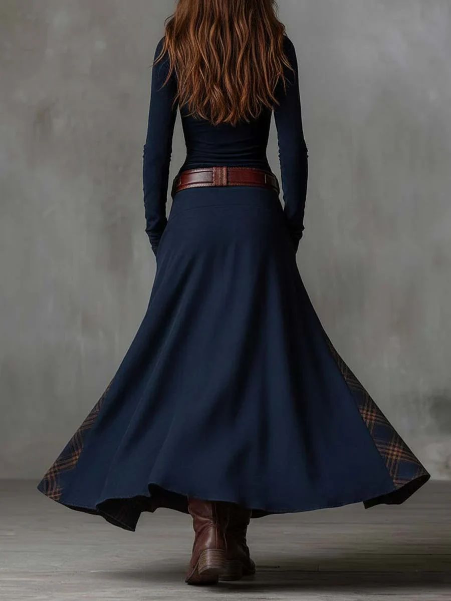 Stand Collar Button Front Suede Plaid Patchwork Belted Maxi Dress