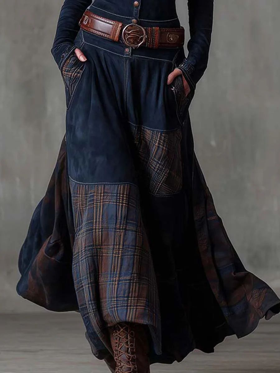 Stand Collar Button Front Suede Plaid Patchwork Belted Maxi Dress