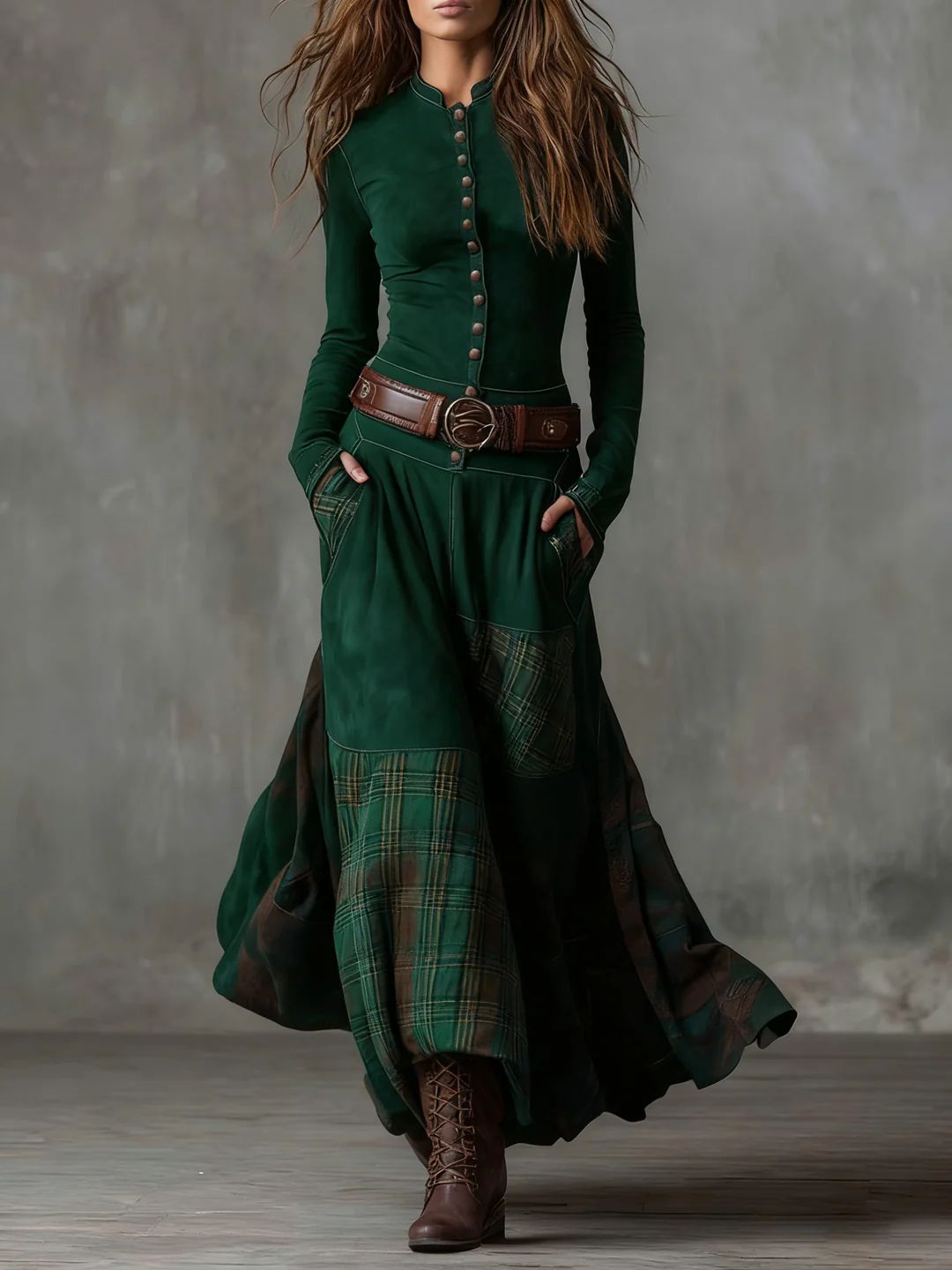 Stand Collar Button Front Suede Plaid Patchwork Belted Maxi Dress