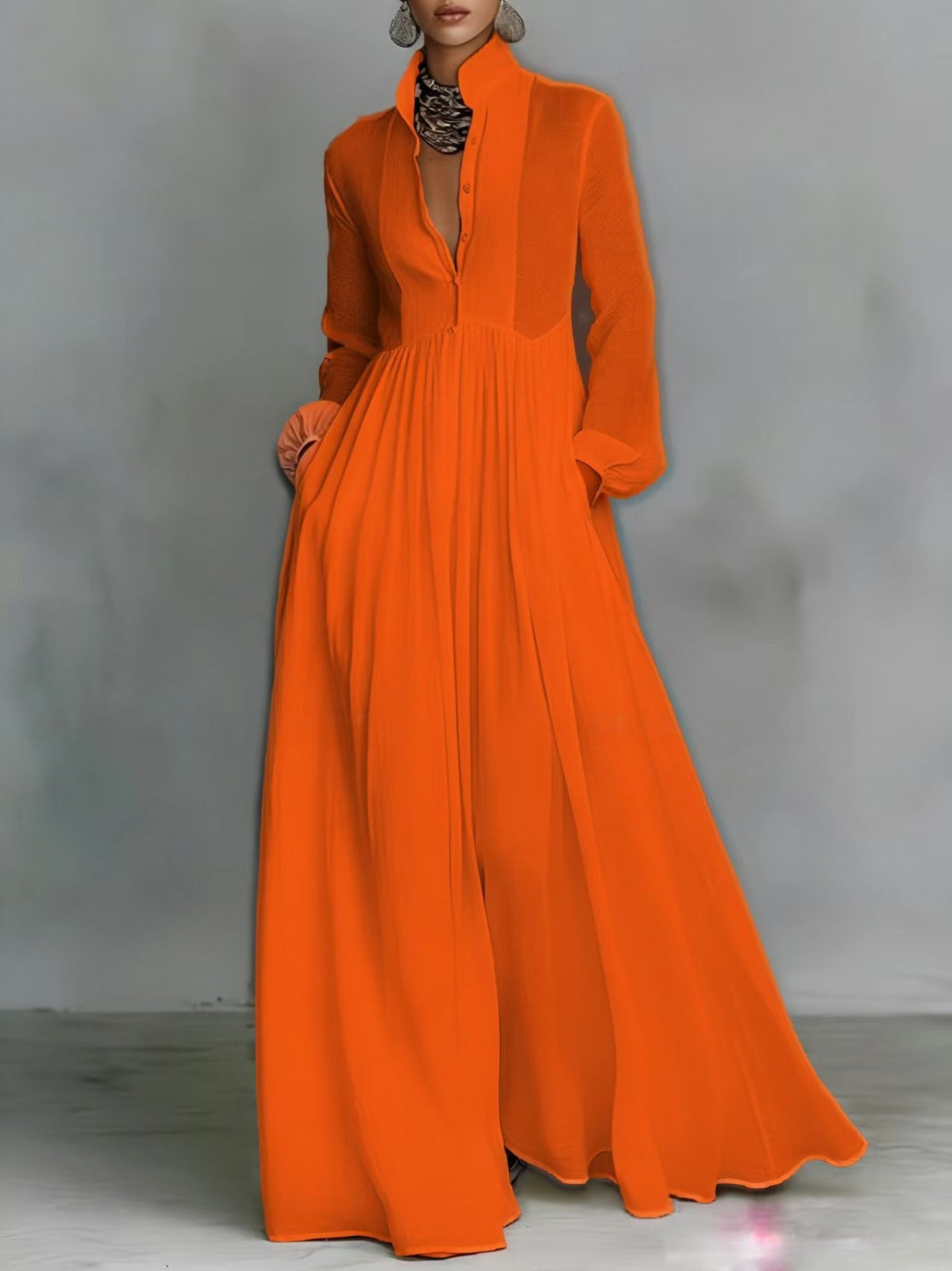 Stand Collar Button Front Long Sleeve Pleated Bib Maxi Dress 8