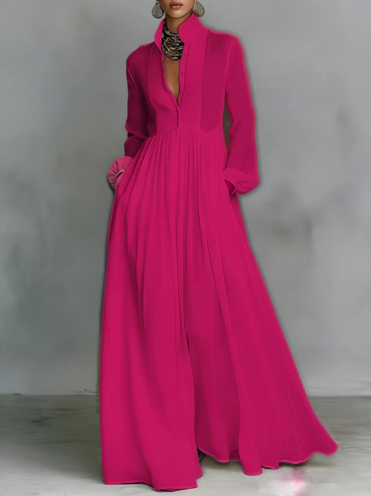 Stand Collar Button Front Long Sleeve Pleated Bib Maxi Dress 9