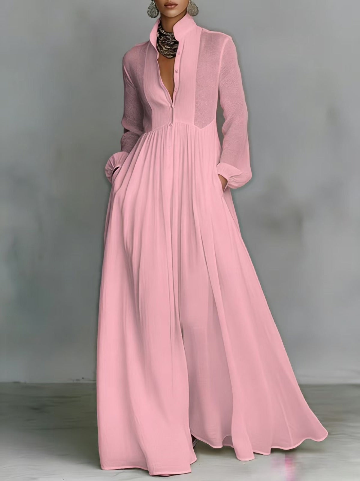 Stand Collar Button Front Long Sleeve Pleated Bib Maxi Dress 10