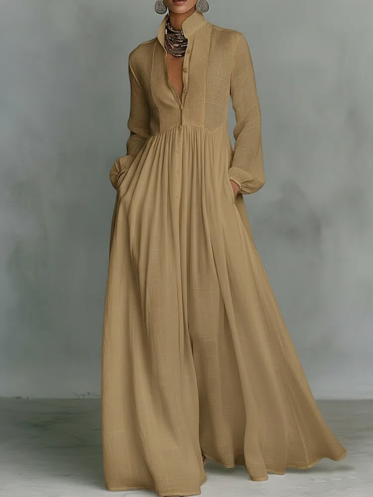 Stand Collar Button Front Long Sleeve Pleated Bib Maxi Dress 11