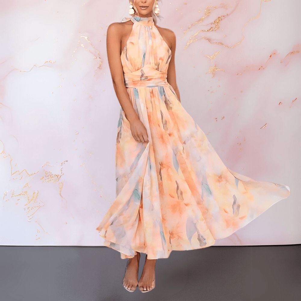 Premium Halter Neck Sleeveless Watercolor Print Ruched Waist Flowy Maxi Dress