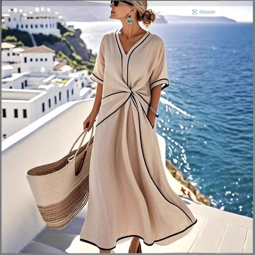 V-Neck Contrast Trim Twist Front Short Sleeve A-Line Maxi Dress 2
