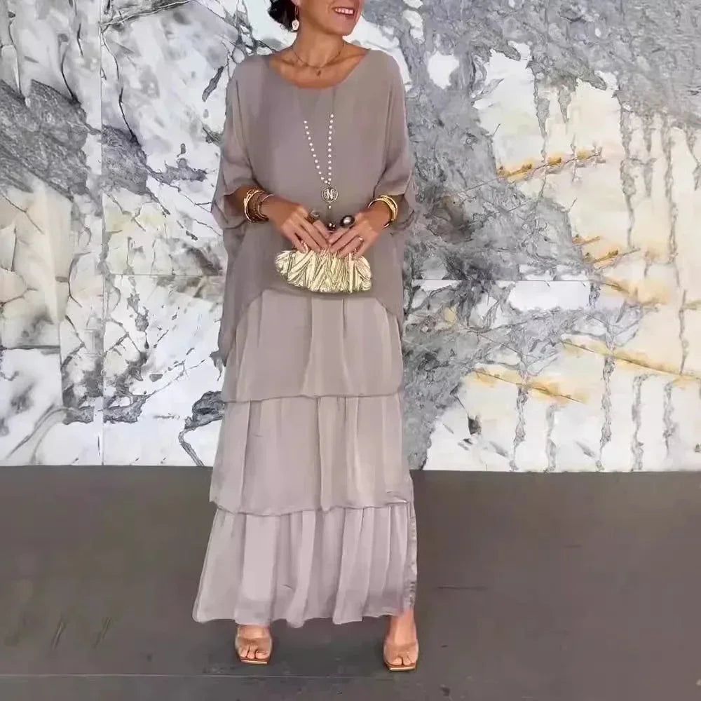 Round Neck Batwing Sleeve Tiered Layered Flowy Maxi Dress