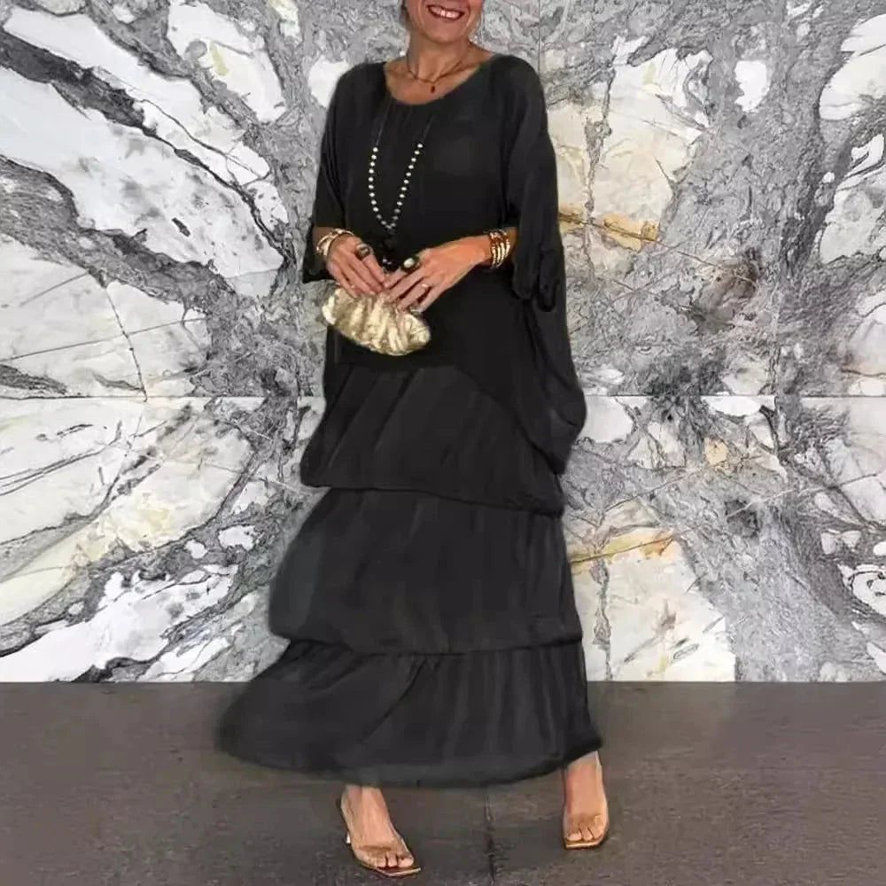 Round Neck Chiffon Batwing Sleeve Tiered Layered Maxi Dress