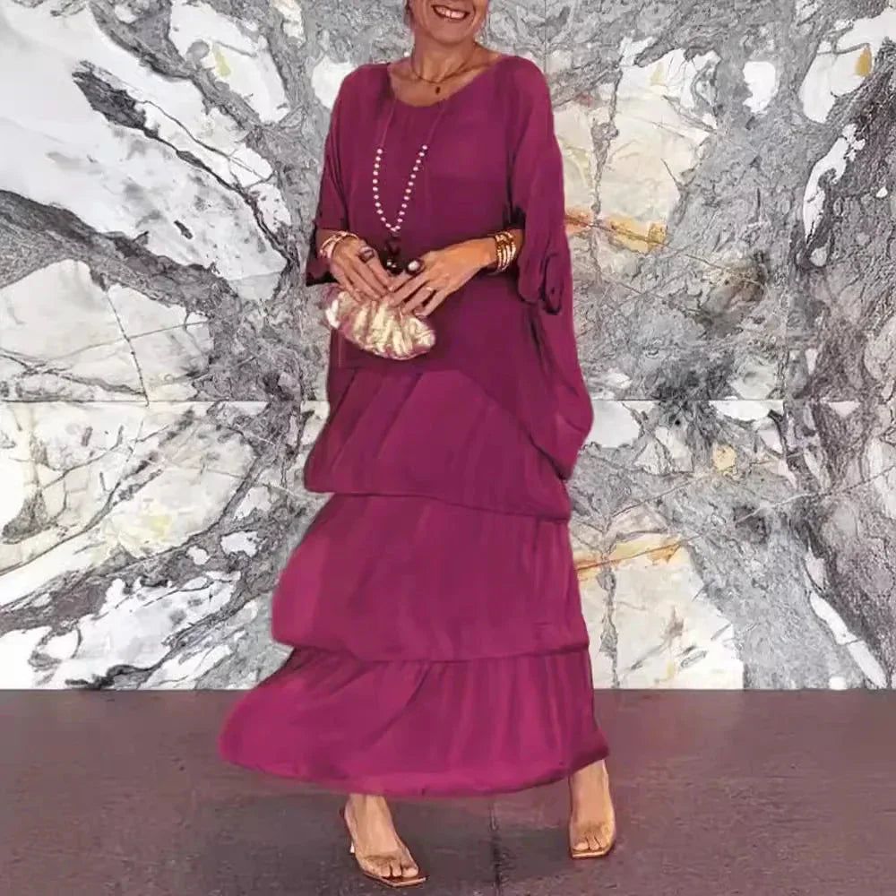 Round Neck Chiffon Batwing Sleeve Tiered Layered Maxi Dress