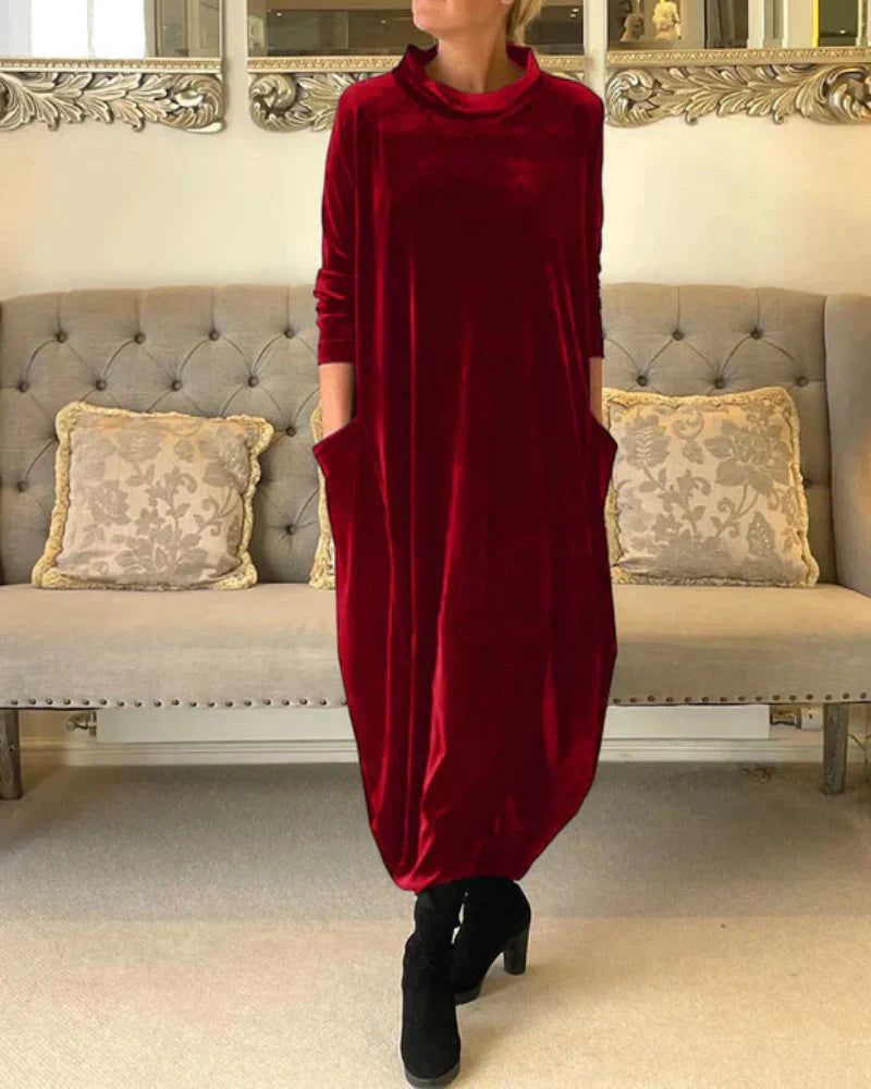 Cowl Neck Velvet Long Sleeve Pocket Cocoon Maxi Dress