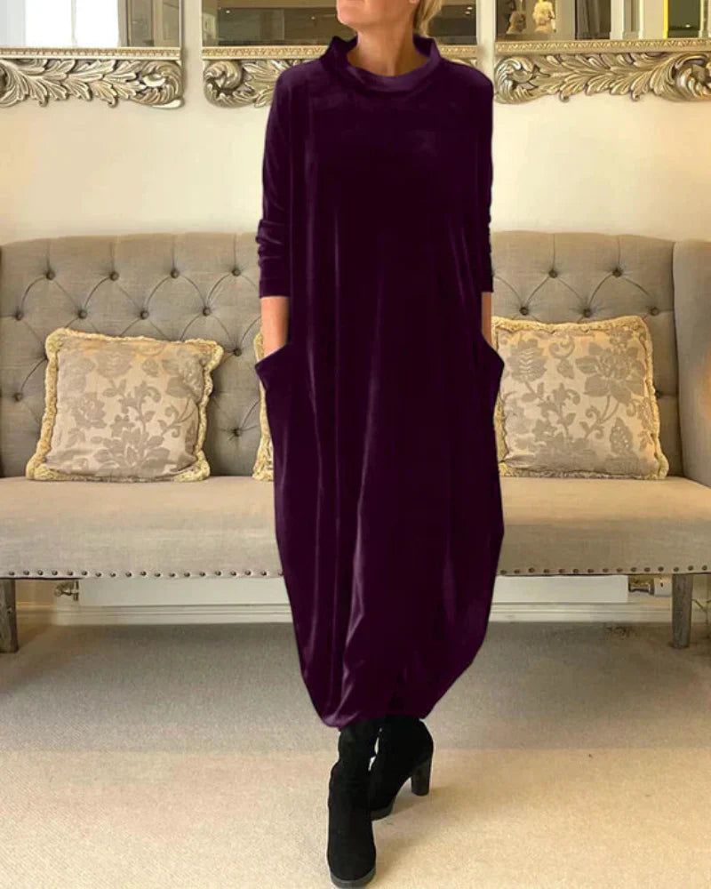 Cowl Neck Velvet Long Sleeve Pocket Cocoon Maxi Dress