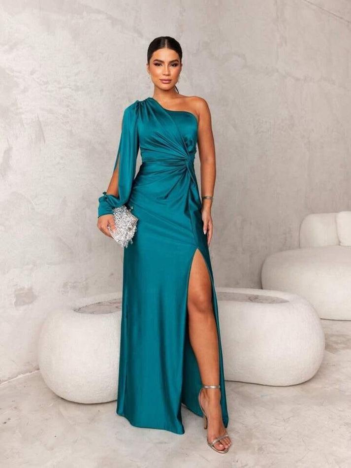 One Shoulder Satin Twist Front High Slit Bodycon Maxi Gown