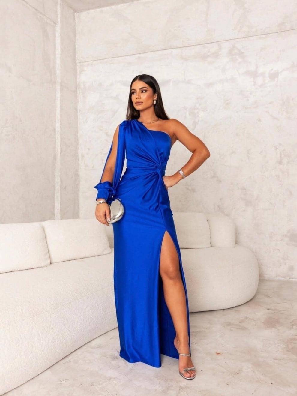 One Shoulder Satin Twist Front High Slit Bodycon Maxi Gown