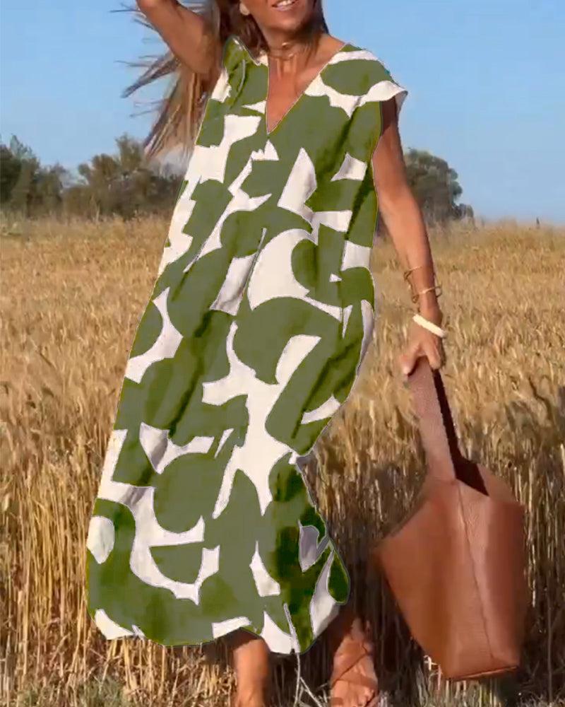 V-Neck Abstract Geometric Print Cap Sleeve Tiered Maxi Dress