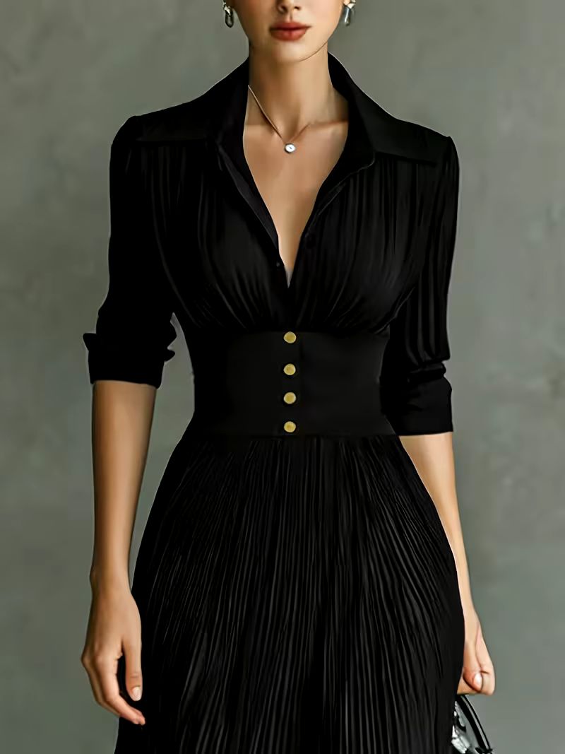 Black Collared Deep V-Neck Long Sleeve Button Waist Pleated Maxi Dress
