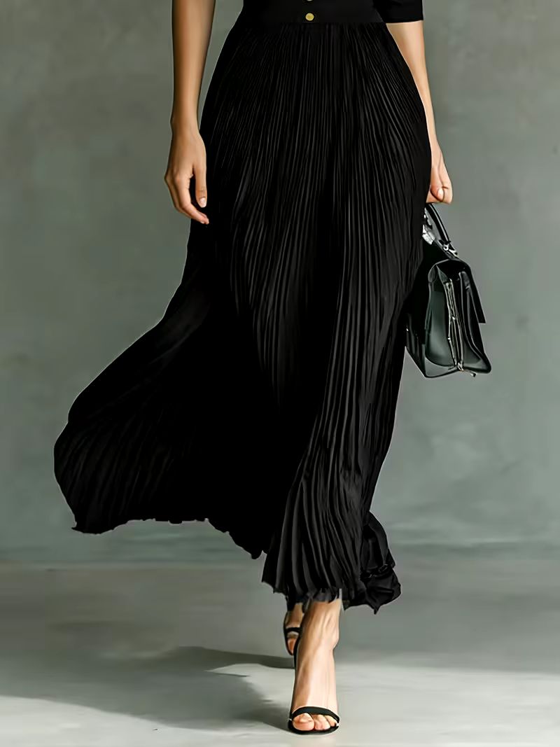 Black Collared Deep V-Neck Long Sleeve Button Waist Pleated Maxi Dress