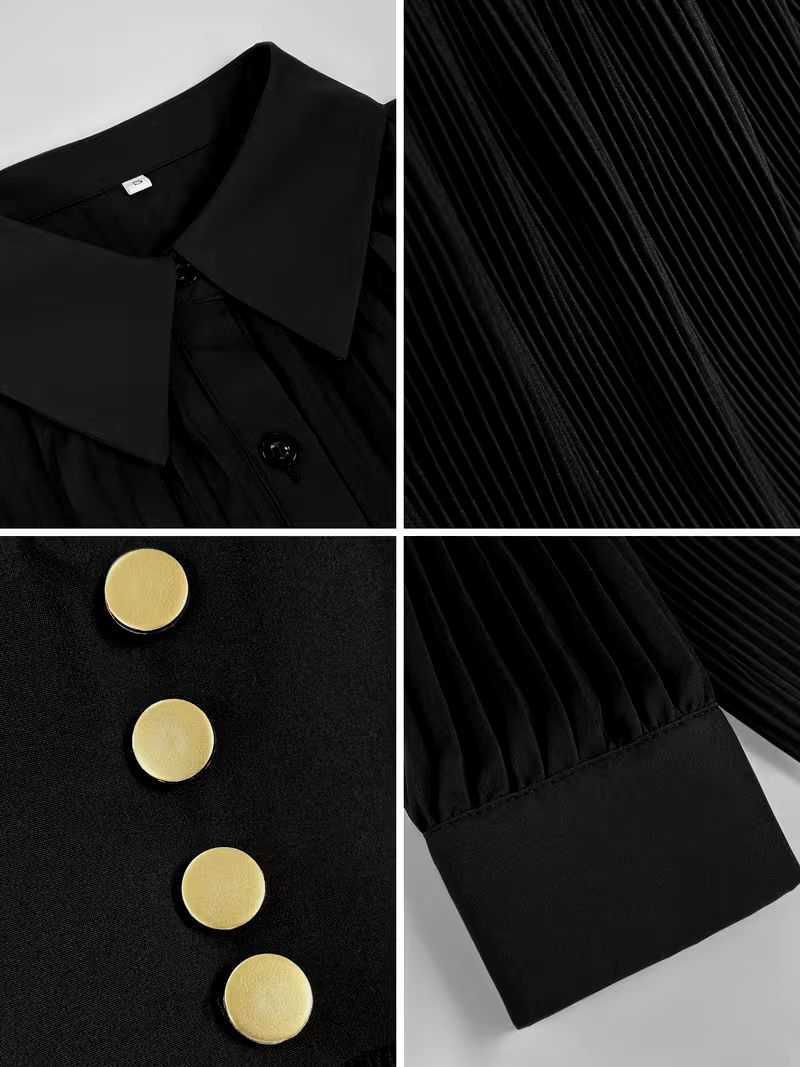 Black Collared Deep V-Neck Long Sleeve Button Waist Pleated Maxi Dress