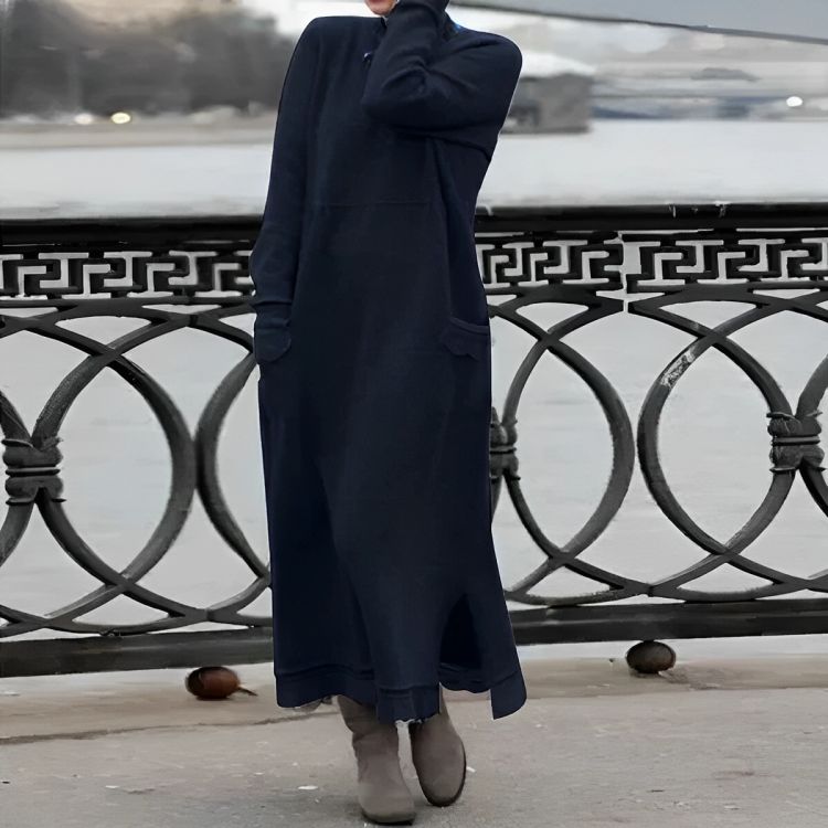 High Neck Knitted Long Sleeve Pocket Oversized Maxi Dress 6