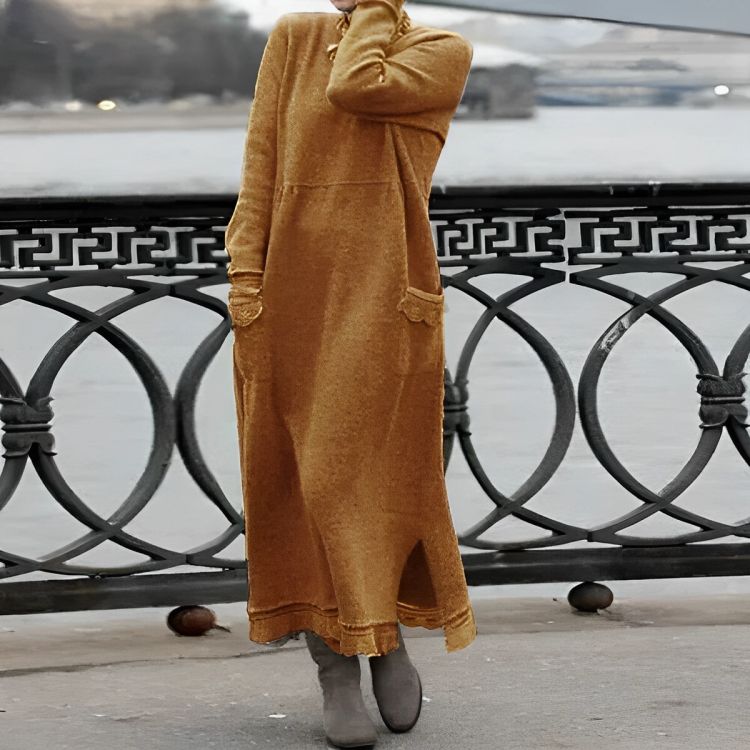 High Neck Long Sleeve Pocket Knit Oversized Sweater Maxi Dress