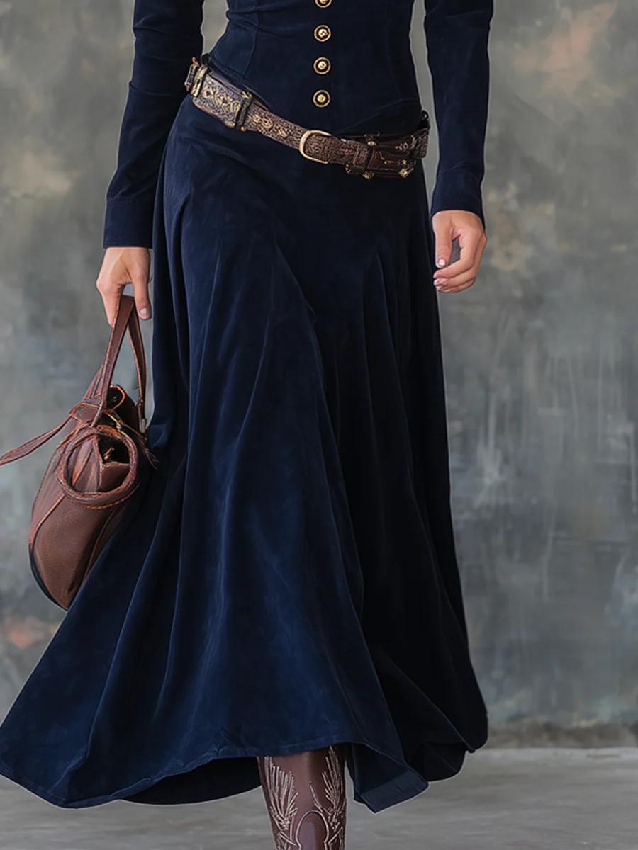 Dark Blue Collared Button Front Long Sleeve Suede Fit-and-Flare Maxi Dress 2