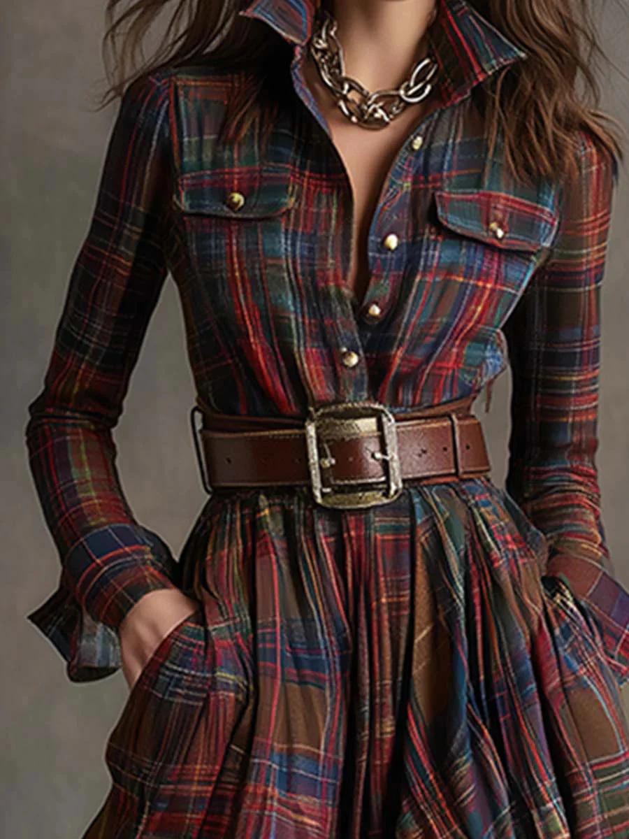 Collared Button Front Plaid Belted Long Sleeve Shirt Maxi Dress