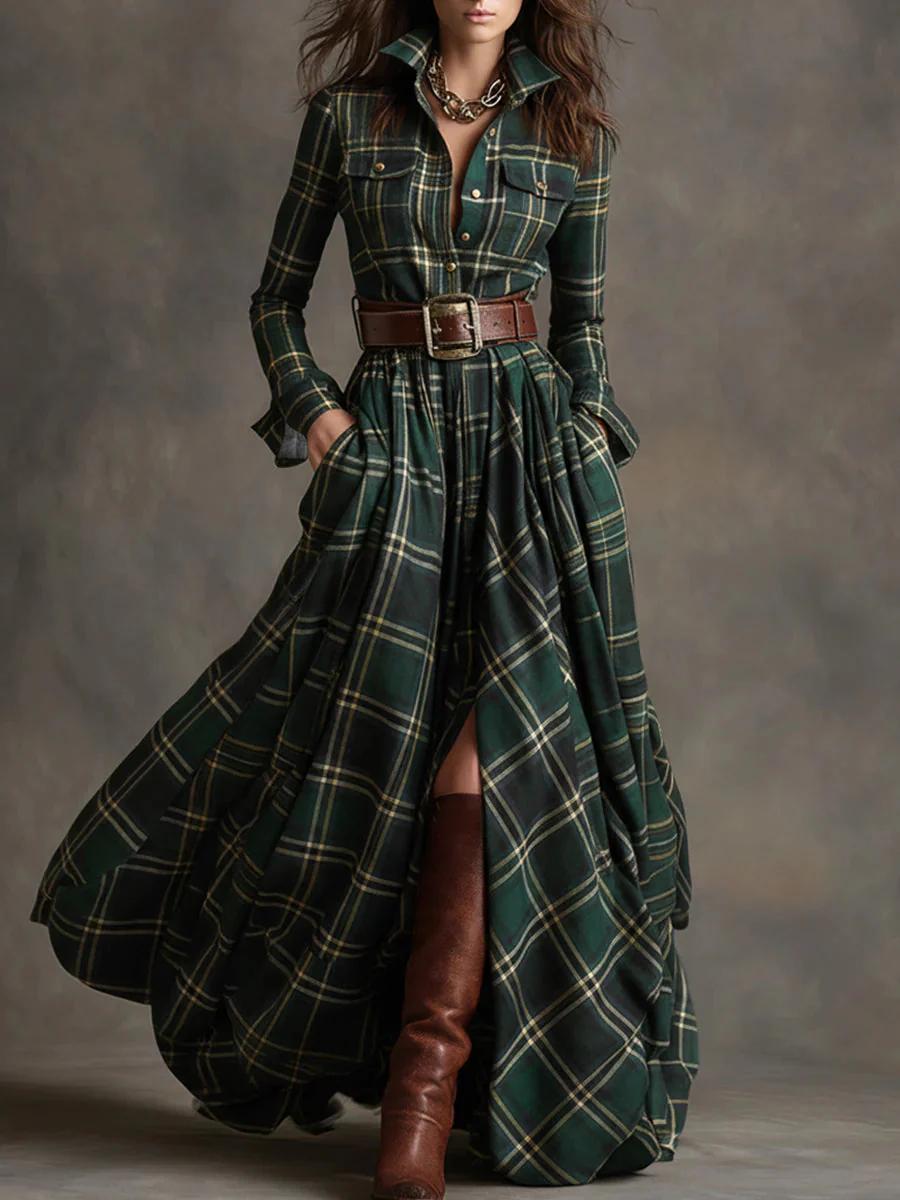 Collared Plaid Button-Front Belted Long Sleeve Flowy Maxi Dress