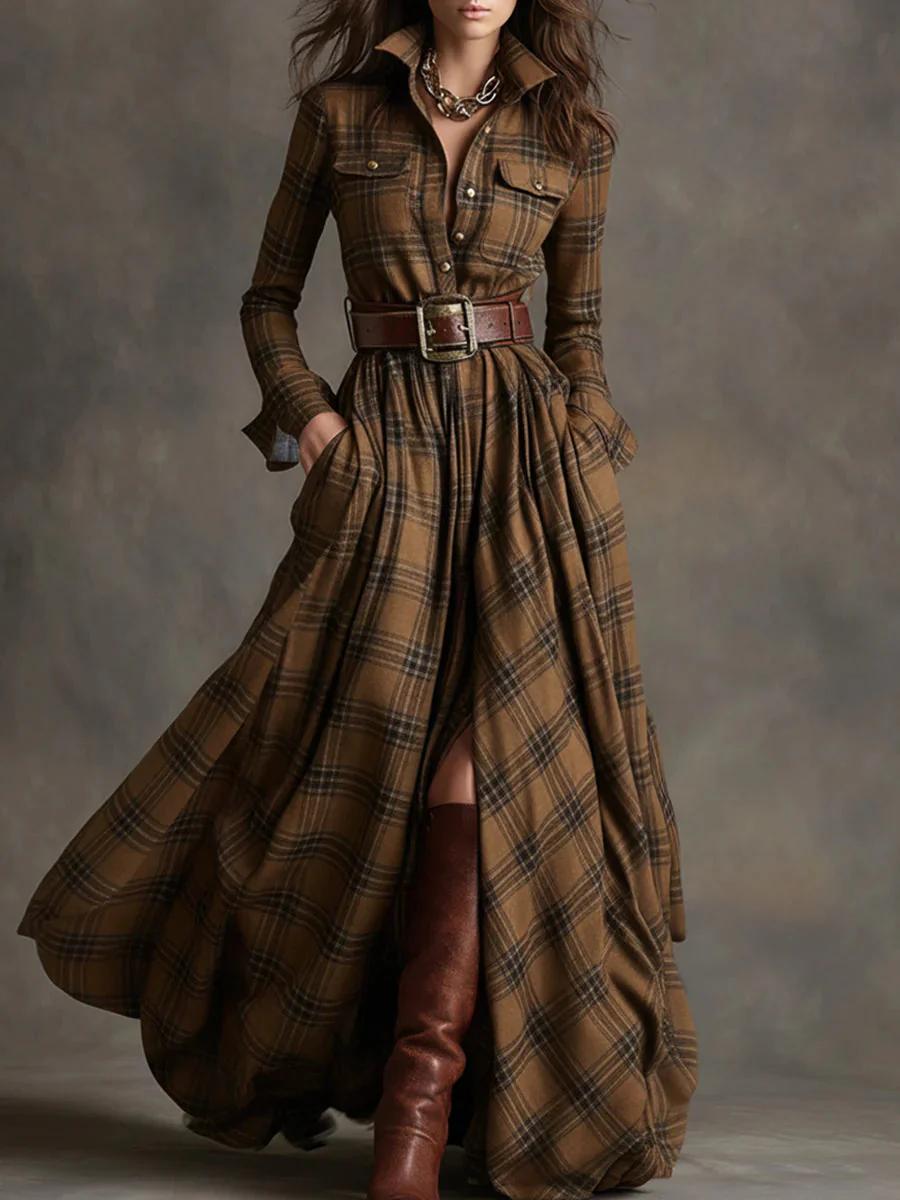 Collared Plaid Button-Front Belted Long Sleeve Flowy Maxi Dress