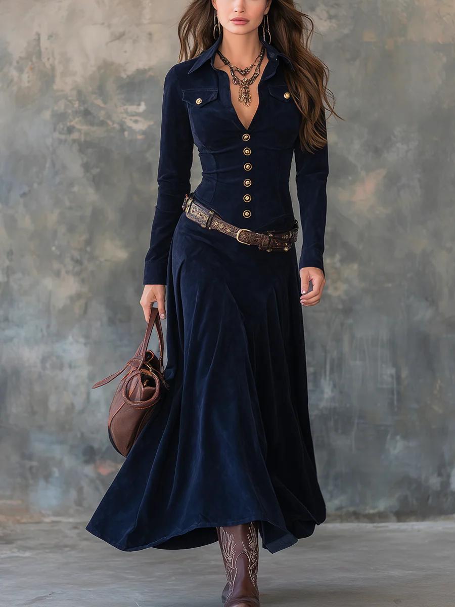 Dark Blue Collared Button Front Long Sleeve Suede Fitted A-Line Maxi Dress
