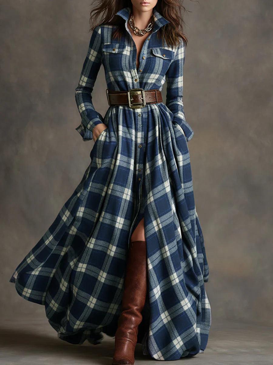 Collared Long Sleeve Plaid Button-Front Belted Flowy Shirt Maxi Dress